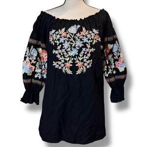 Free People Mini Dress Womens Fleur Du Jour Black Floral Embroidered Tunic Sz XS